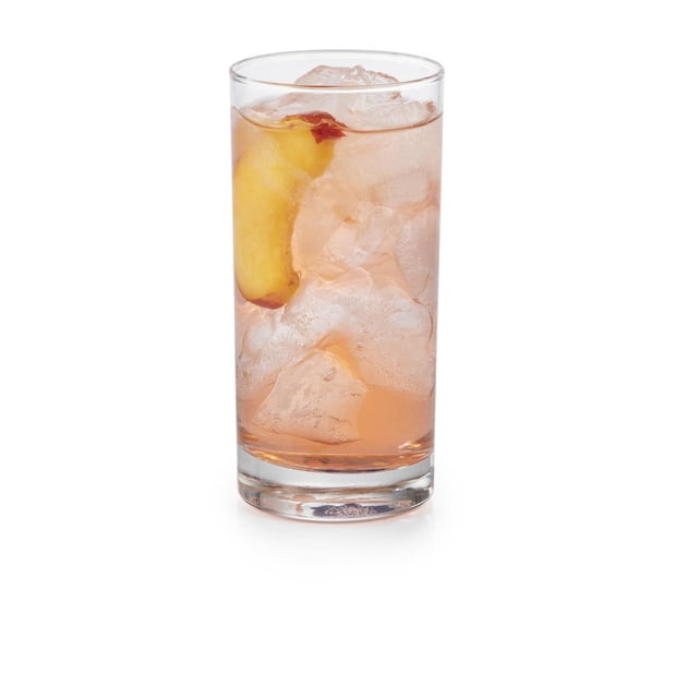 Province Hiball glass from a set of eight, shown front and center filled with ice and a light pink drink garnished with a peach slice, ideal for dining and entertaining with drinkware like drinking glasses for punch or soda.