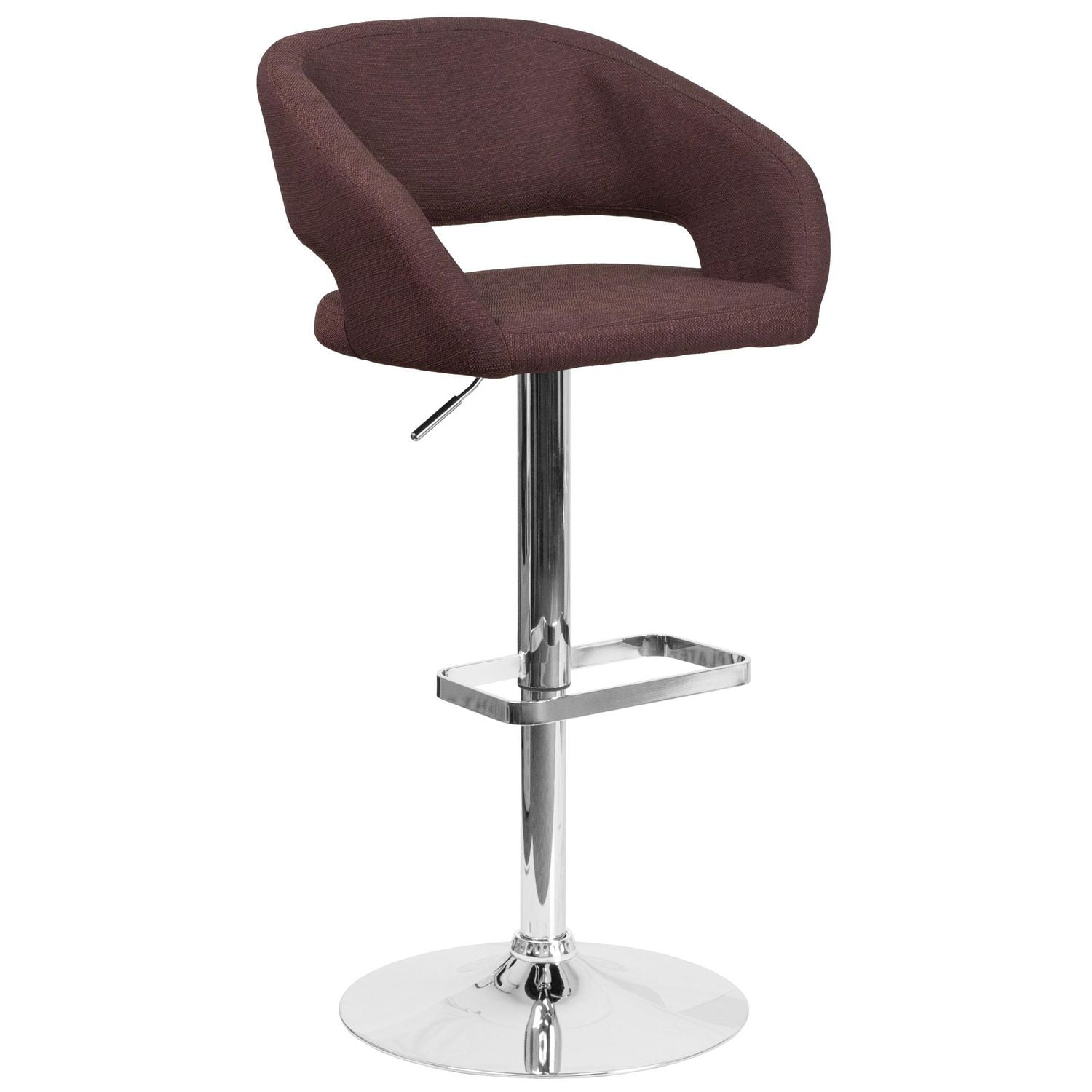 Contemporary Brown Fabric Adjustable Height Barstool with Rounded Mid-Back and Chrome Base