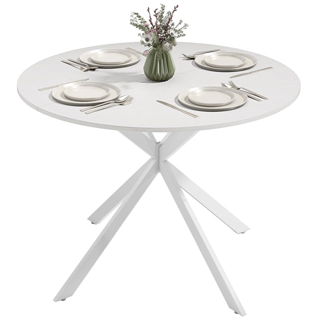 40-inch round dining table for 4 with a white oak wood-look top and steel X-shaped legs, ideal for kitchens or dining rooms. The table is set with four place settings and a green vase with flowers in the center. Adjustable foot pads ensure stability on uneven floors.