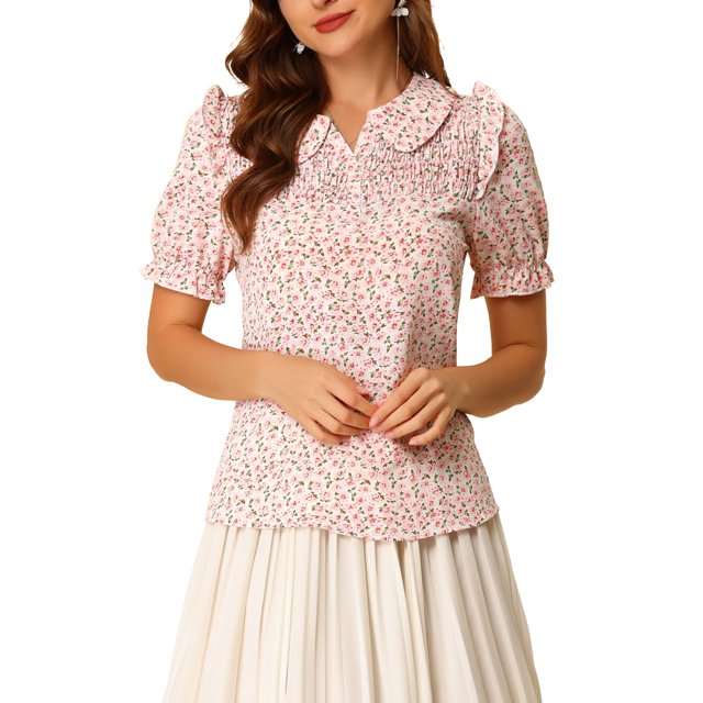 INSPIRE CHIC Blouse Haut à Volants à Manches Courtes Bouffantes Smocké à Col Peter Pan Fleuri pour Femme TP Blanc