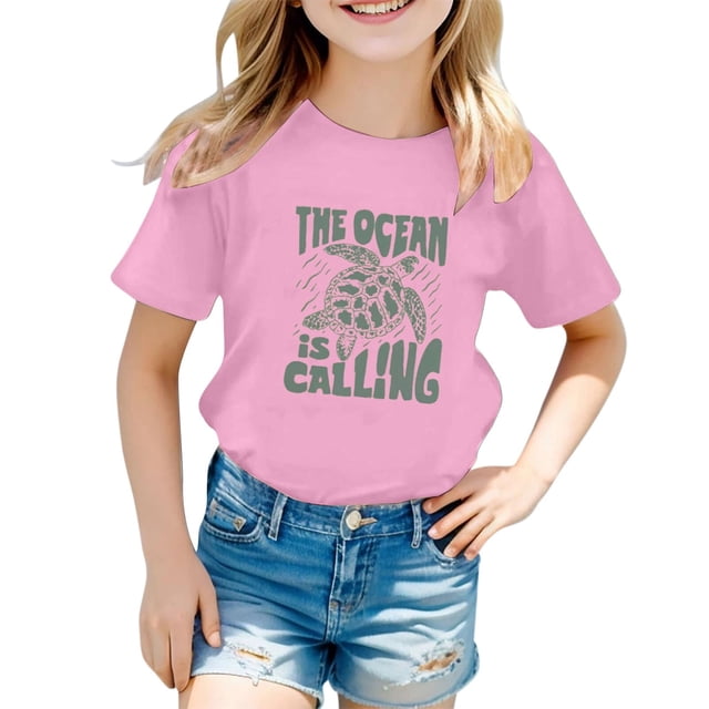 FhsagQ The 7th Of July Children's Casual Letter Pattern Print Multicolor Round Neck Short Sleeves Girl Spring The 7th Of July T shirts Size 14-16 Plus Easter 1-2 Years