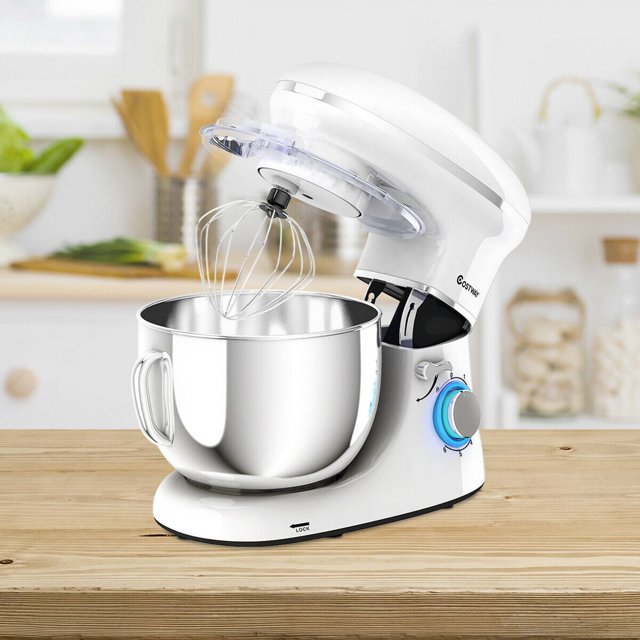 Costway Batteur Fouet à Pâte 6 Vitesses 660W Tête Inclinable 6.3Qt Batteur sur Socle Blanc