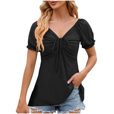 Besolor Hauts d'Été pour Femmes Col en V Manches Courtes Bouffantes T-Shirts Amples Décontractés Mignons Blouses Froncées à Cordon pour Femmes Noir