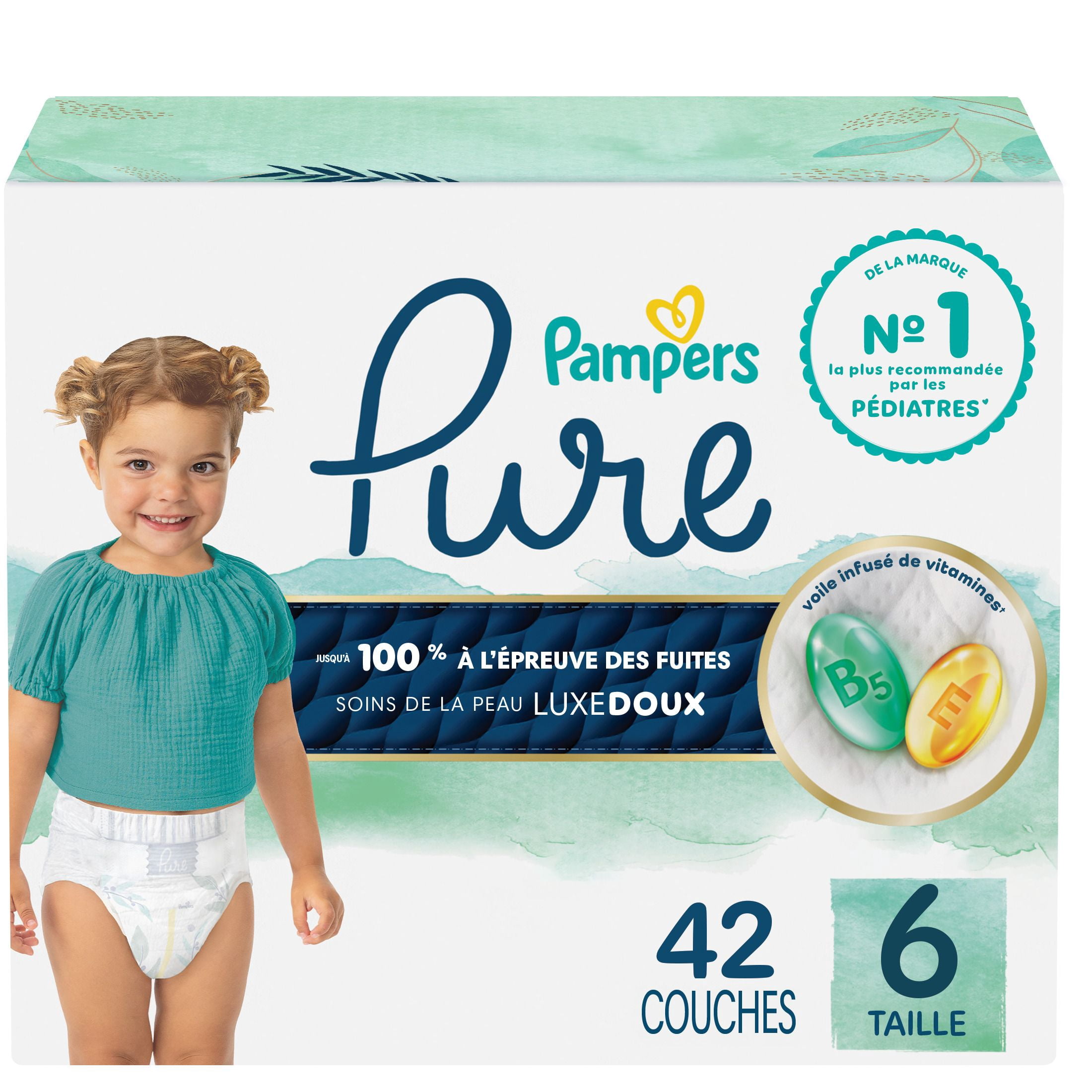 Pampers Pure Couches pour Bébés, Taille 6 (35+ lbs), 42, jusqu'à 100 % Anti-Fuites, Couches Douces Hypoallergéniques de Qualité Supérieure