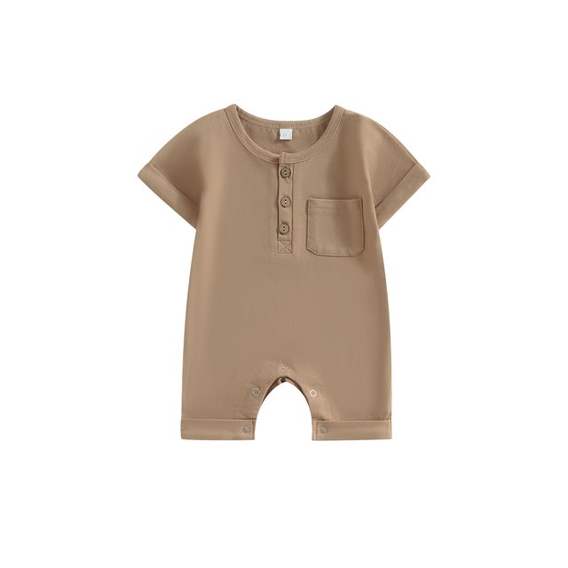 Faithtur Baby Boys Girls Jumpsuit, Short Sleeve Button Down Round Neck Solid Color Romper Shorts