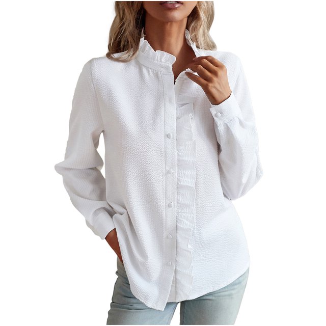 Pisexur Women's Chiffon Ruffle Blouse Solid Color Long Sleeve Button Down Elegant Collar Neck Shirts Tops