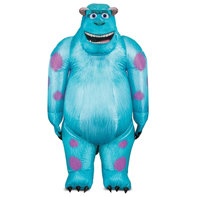 Monsters Inc Déguisement Gonflable Sulley pour Adulte Présentant un design Bleu Vif avec des Taches Violettes, des Griffes Noires et un Visage de Personnage Souriant. Fabriqué en Tissu Coupe-Vent 100 % polyester, Comprend une Fermeture Éclair Arrière, une Tête et des Bras Entièrement Fermés, des Poignets de Cheville Élastiques et un port de Vue Recouvert de Maille dans la Bouche du Personnage. un Ventilateur Est Monté à l'Arrière de la Hanche Droite, Nécessitant 4 Piles AA (Non Incluses). sous Licence Officielle par Disguise Limited.