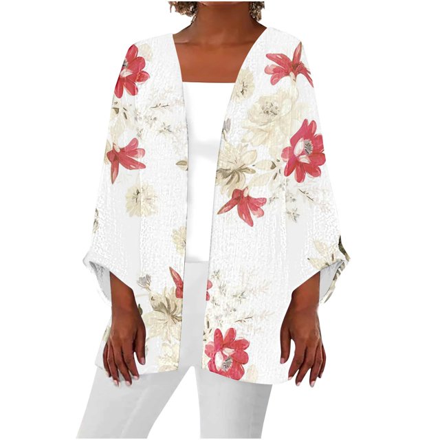 Pisexur Veste pour Femmes, Cardigans à devant Ouvert, Manteaux Trench, Vestes d'Automne, Chemise Ample Décontractée pour Femmes à Manches 3/4 Imprimée, Hauts, Cardigan