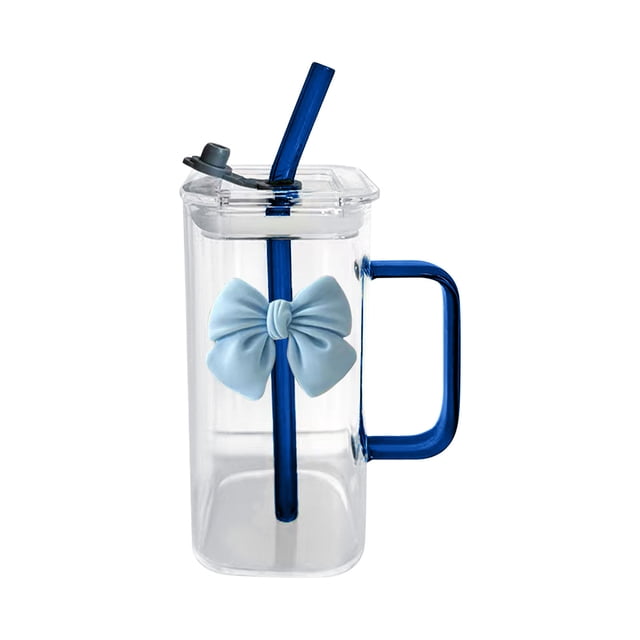 Kyusrd Transparent Square Glass Cup With Knot Handle And Straw For Coffee And Milk 400ml