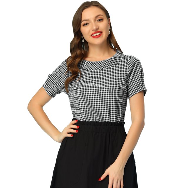 INSPIRE CHIC Hauts à Carreaux pour Femmes des Années 1950 à Col Rond à Manches Courtes Petit Noir