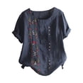 thumbnail image 1 of Dealovy Cotton Linen Tops for Women Crew Neck Short Sleeve Floral Embroidered T-Shirts Plus Size Tees, 1 of 3