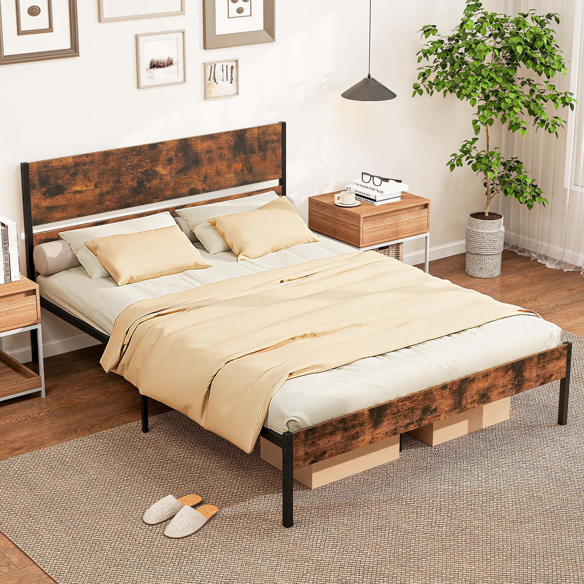 Costway Cadre de Lit Format Grand avec Tête de Lit en Bois Rangement sous le Lit Aucun Sommier Requis