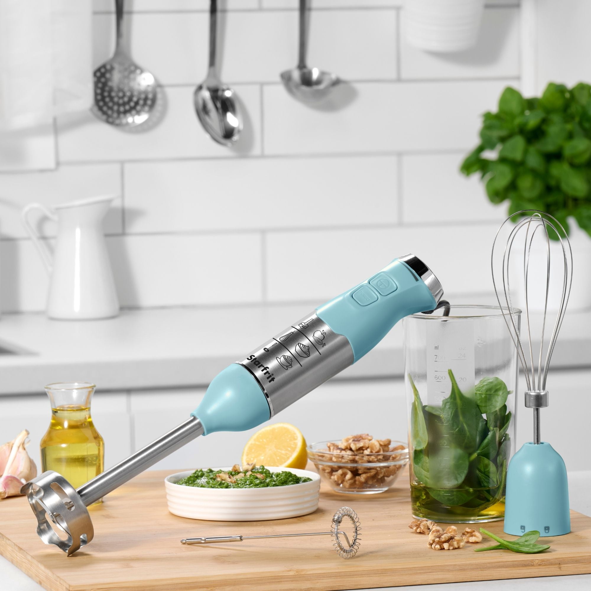 Starfrit Mélangeur à Main 3-En-1, 150W, Avec Fouet Et Mousseur, En Acier Inoxydable Amovible, Vitesse Turbo, Bleu