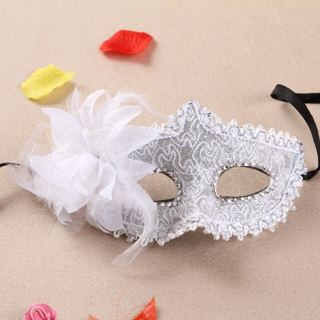 Girl Lady Princess Rhinestone Lace Flower Side Mask for Halloween Wedding Party Birthday Club Bar Carnival Stage Performance(White)