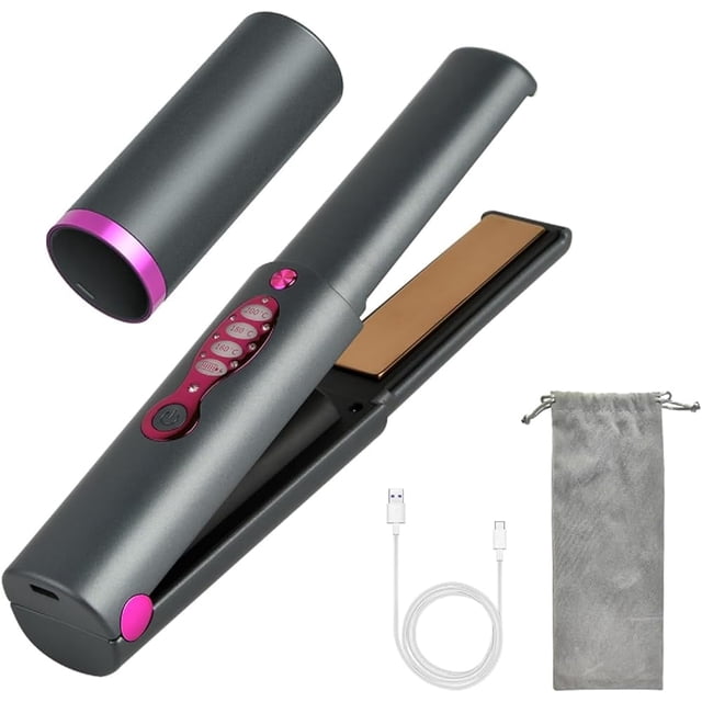 Cordless Hair Straightener Portable by B-Qtech in grey with pink accents, featuring ceramic-coated plates and a 5000mAh rechargeable battery. The device includes three adjustable temperature settings (170°C, 190°C, 210°C) for various hair types and doubles as a curling iron. Shown with a heat-insulating cover, USB charging cable, and a velvet storage bag, ideal for travel and touch-ups.