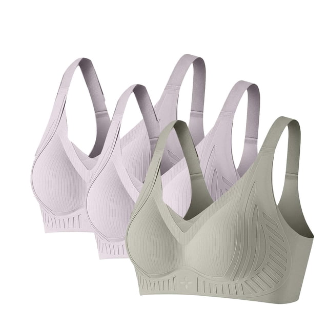 Amzcrzy 3PC Womens Bras Comfortable Supportive Lift Push up Bra Trendy Solid Color Ribbed Seamless T Shirt Bra L