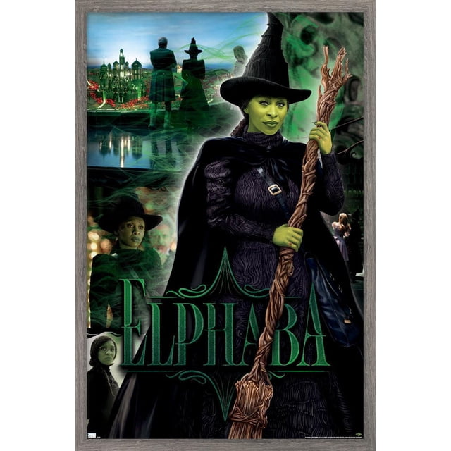 Wicked - Elphaba Wall Poster, 22.375" x 34" depicting Elphaba in a black textured outfit and pointed hat holding a detailed wooden broomstick with green smoke swirling around. The background includes shadowy character silhouettes and a glowing cityscape, with 'Elphaba' in green stylized text at the bottom. The poster is framed in grey wood, ideal for home wall decor.