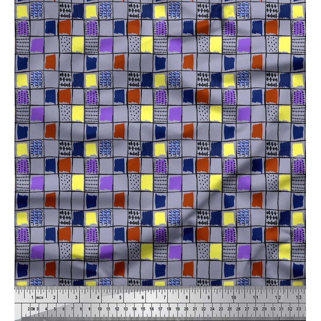 Soimoi Viscose Chiffon Fabric Check & Brush Stroke Abstract Printed Fabric 1 Yard 42 Inch Wide