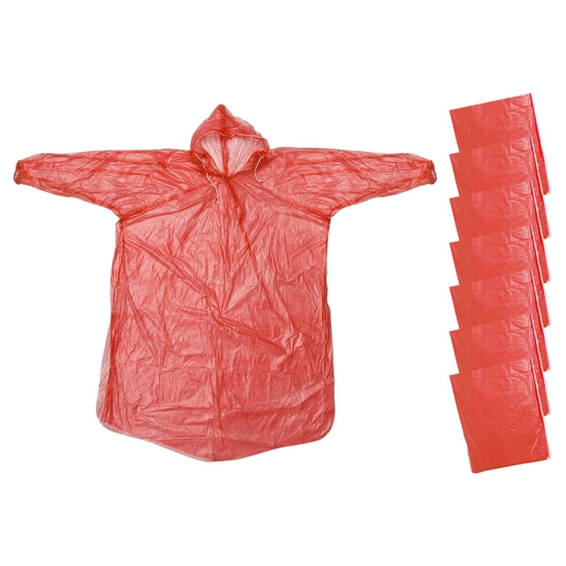 Unique Bargains Rain Ponchos, 7 Pack Unisex Disposable Rain Jacket with Hood for Water Protection, Red