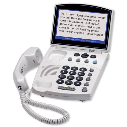 Hamilton CapTel 840i Real-Time Closed Captioned Telephone with a white corded handset, a large caption display screen, and a user-friendly keypad. Ideal for accessible communication, especially for individuals with hearing impairments.