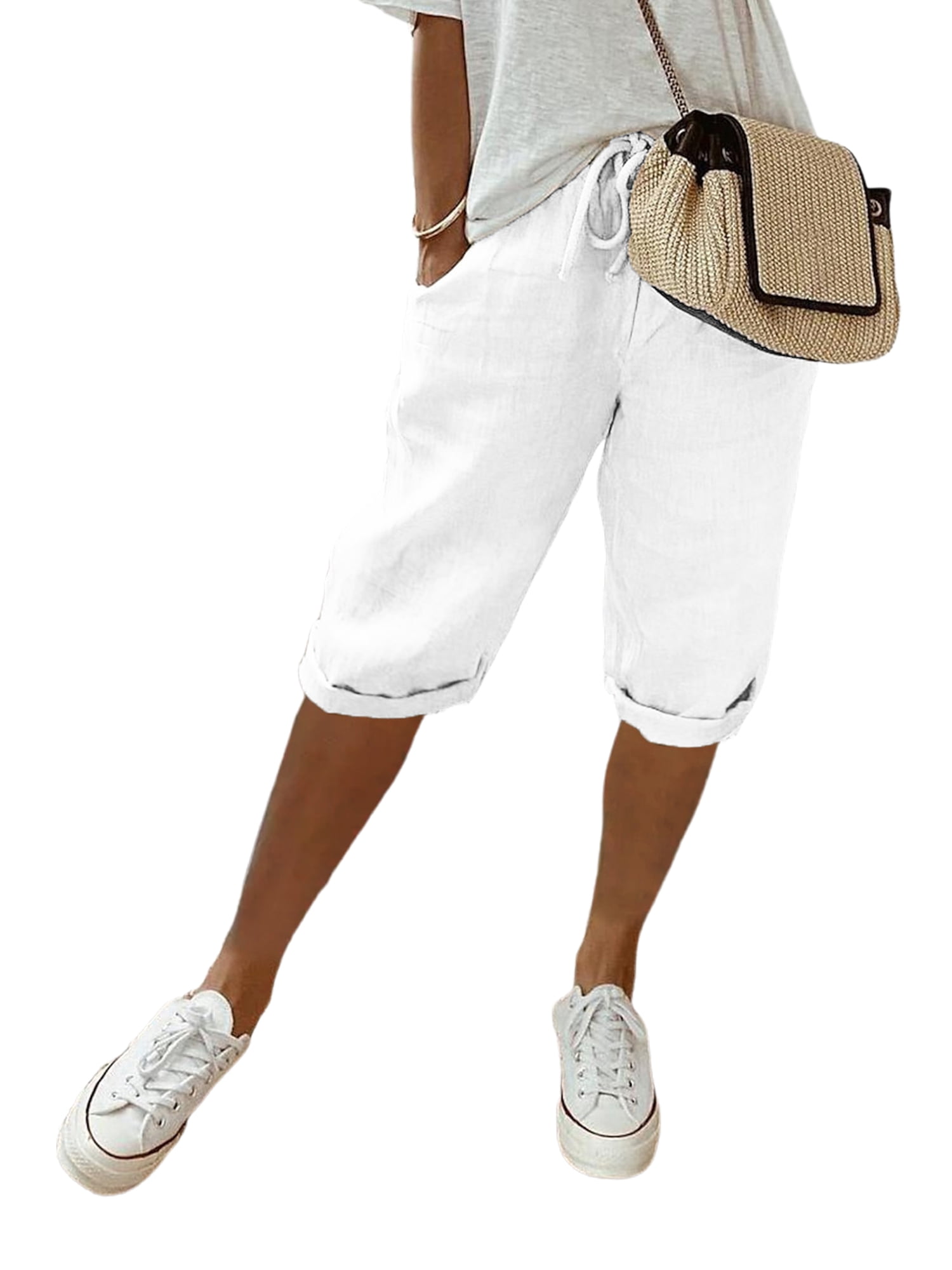 Fashnice Bermudas pour Femmes, Taille Élastique à Cordon, Longueur Genou, Blanc, TG