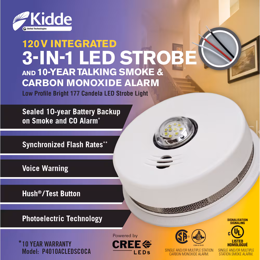 Kidde Hardwired Smoke & Carbon Monoxide Alarm with Strobe Light, Voice Alert & Battery Backup