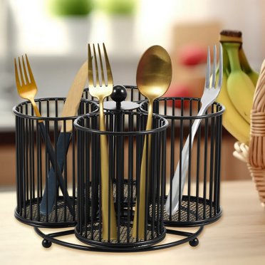 Multipurpose Countertop Silverware Organizer 360 Degree Rotating Cutlery Holder 4 Compartment Flatware Storage Basket for Camping Outdoor(Black)