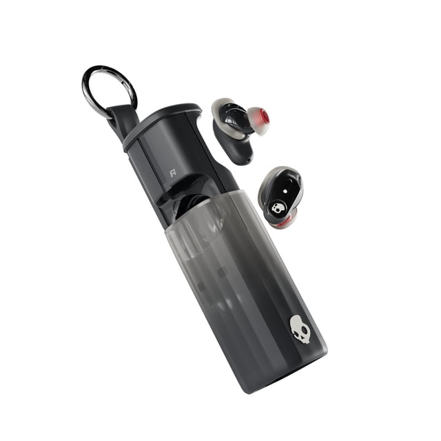 Skullcandy Method 360 ANC XT earbuds in black, featuring a compact charging case with a translucent finish and a keyring attachment. The earbuds showcase a sleek design with red accents and the Skullcandy logo. Equipped with Bose-tuned sound, 4-mic active noise canceling, Bluetooth v5.3, customizable EQ modes, and Skull-iQ app compatibility, these true wireless earbuds offer up to 32 hours of battery life with ANC on and IPX4 sweat and water resistance.