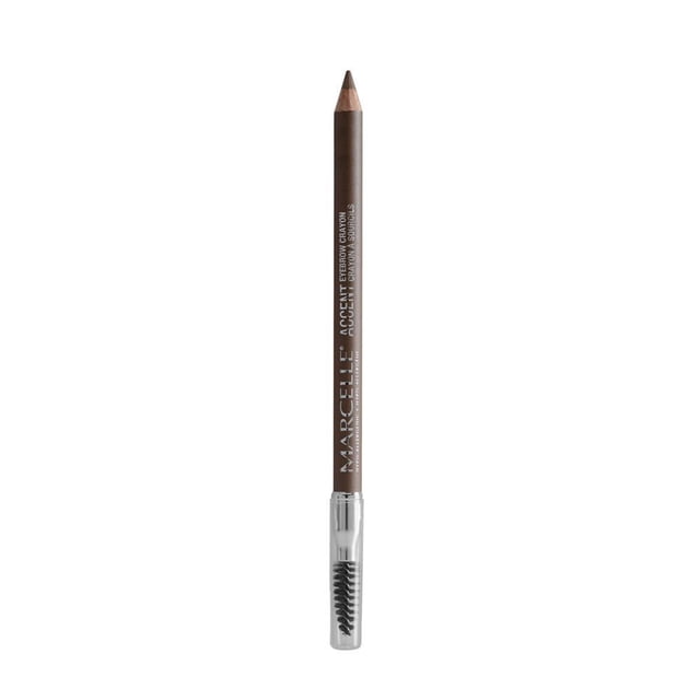 Marcelle Accent Eyebrow Crayon - Blondine shown vertically with a sharpened brown matte tip and a clear cap covering a spoolie brush, designed for easy application and natural, long-lasting eyebrow grooming.