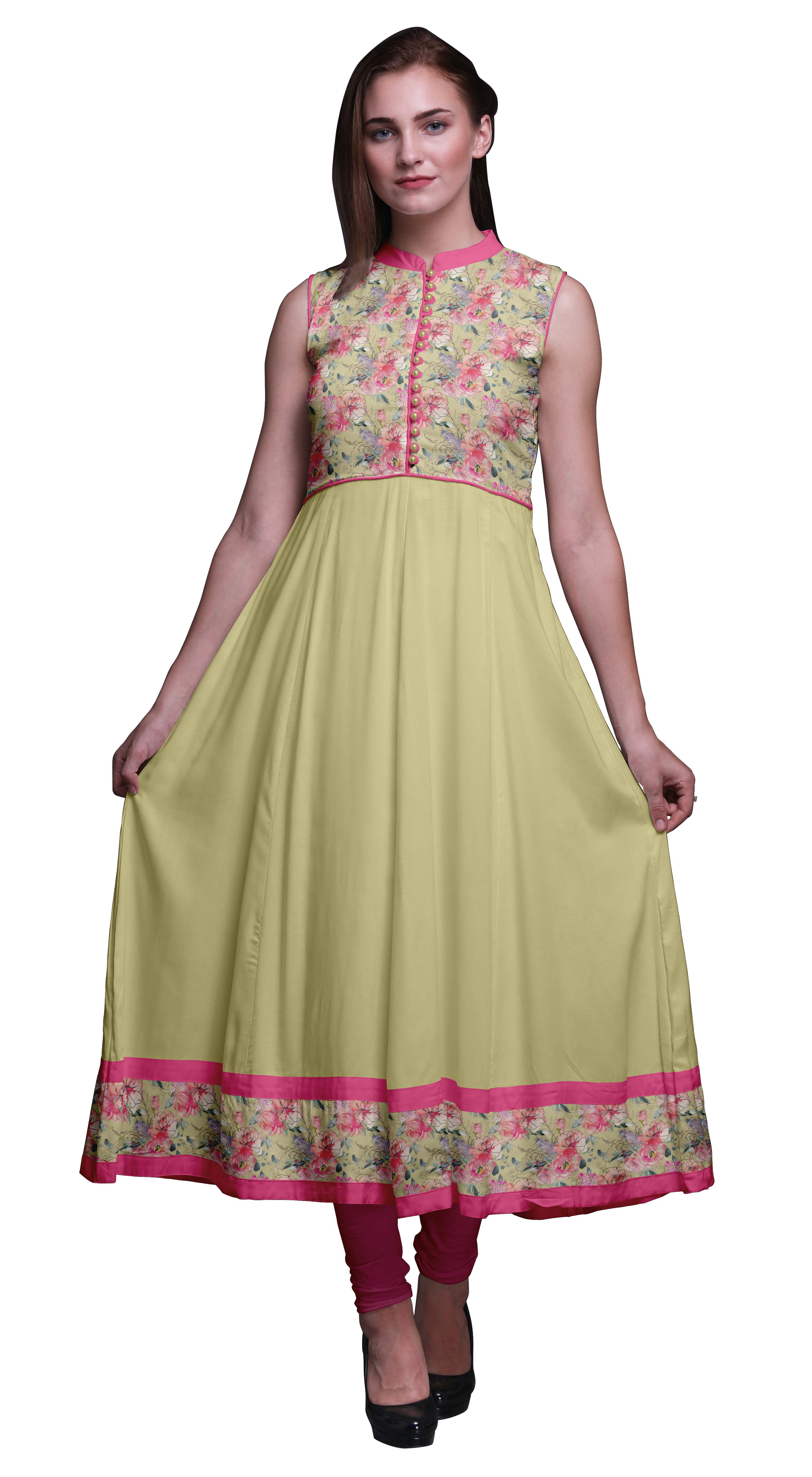 Bimba Kurtis Indiennes Beige à Fleurs pour Femmes, Anarkali Prêt-à-Porter Uni, Robe Imprimée Kurti Indienne Petite