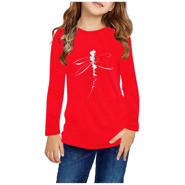 RXIRUCGD Chemises à Manches Longues pour Filles, Col Rond Mignon, Blouses Décontractées Élégantes (Rouge, Taille : 7 Ans)