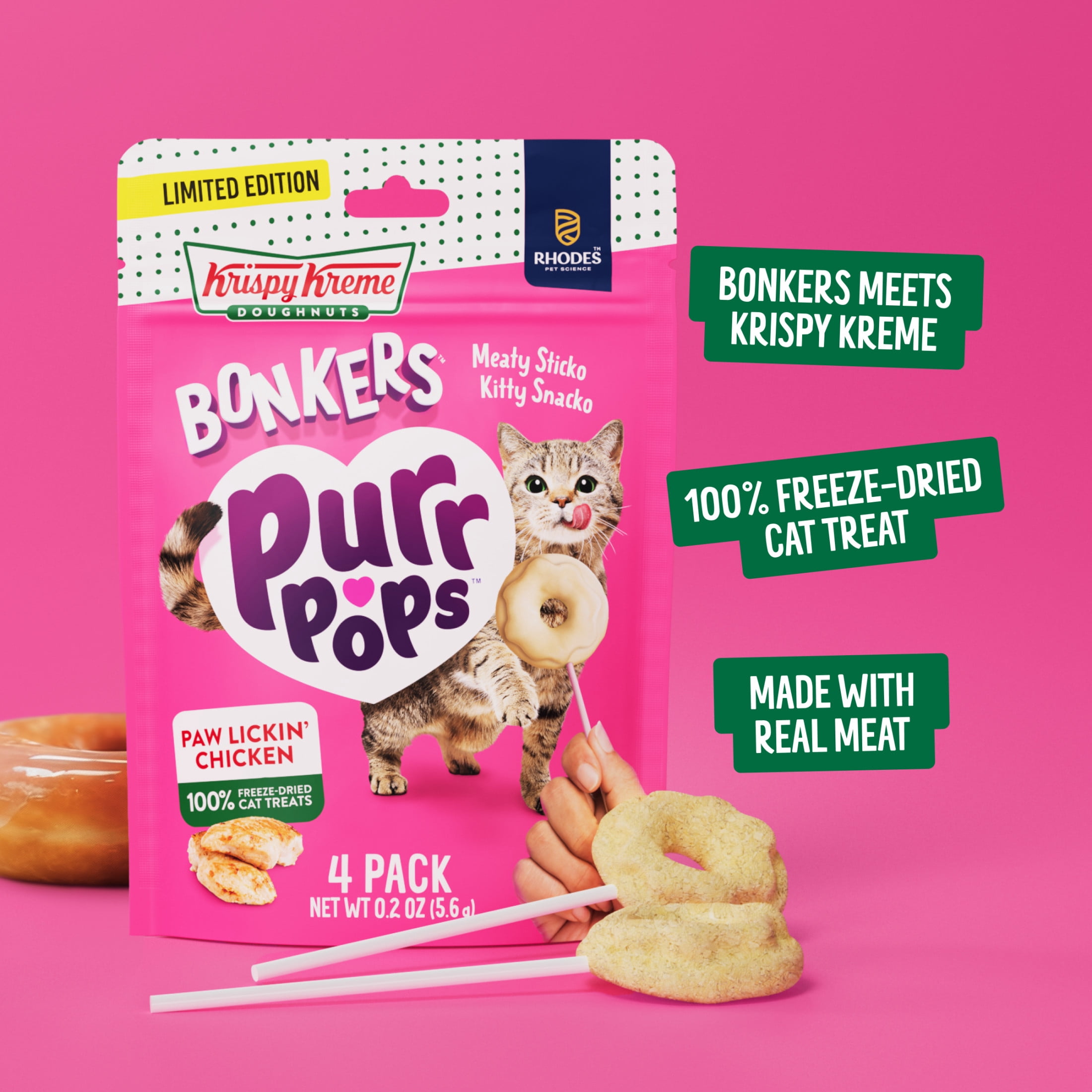 BONKERS Purrpops Krispy Kreme Édition Limitée Gâteries pour Chats en Sucette Lyophilisées à Saveur de Poulet Lot de 4