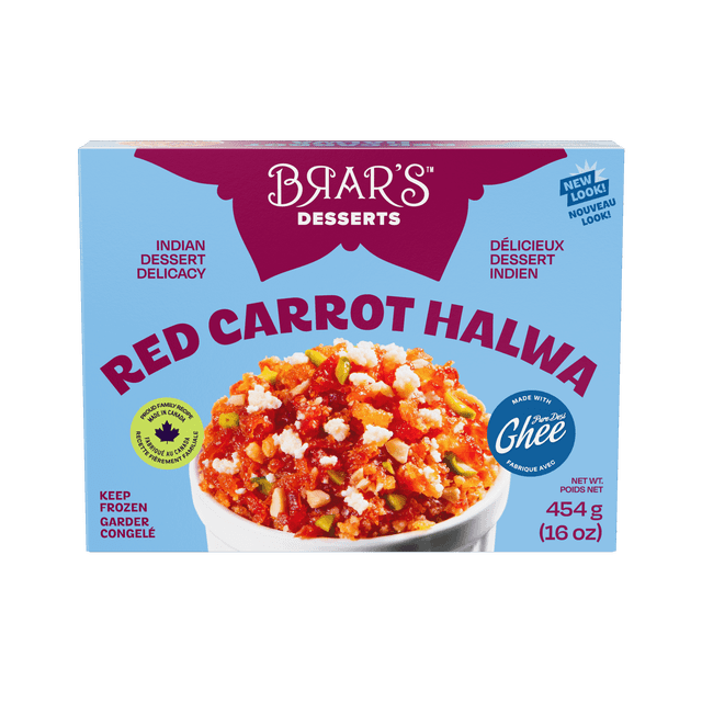 BRAR'S GAJAR HALWA red carrot halwa Indian dessert box showing a front-facing view of packaging with a bowl of cooked carrot pudding topped with white crumbles and chopped pistachios, made with pure desi ghee, labeled as an Indian dessert delicacy, net weight 454 g (16 oz), bilingual English and French text on a light blue background.