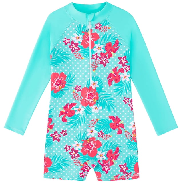 PMVFHDE Girls Long Sleeve Rash Guard Swimsuit with Floral Print in light blue, designed for toddler kids aged 5-6 years. Features UPF 50+ sun protection, quick-dry polyester material, and a front zip closure. The one-piece swimsuit showcases vibrant red and pink hibiscus flowers with green leaves on a polka dot background, suitable for summer activities like swimming, beach holidays, and pool parties. Perfect rash guard swimwear for kids.