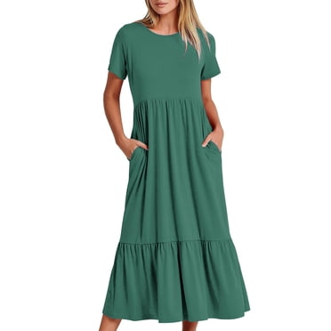 LOVZFMLL Robe d'Été Décontractée pour Femme à Manches Courtes, Col Ras du Cou, Robe Longue Fluide à Étages pour la Plage avec Poches, Vert, TG