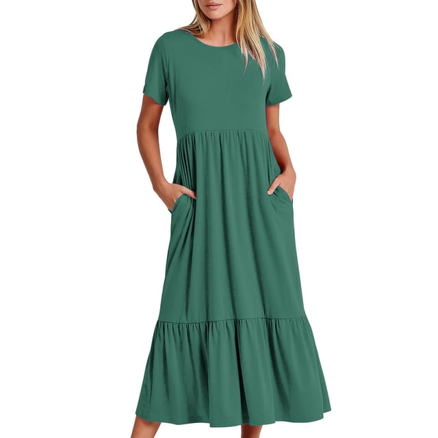 AherBiu Robe T-Shirt Décontractée d'Été pour Femme à Manches Courtes, Col Ras du Cou, Fluide, à Volants, Maxi, de Plage, avec Poches