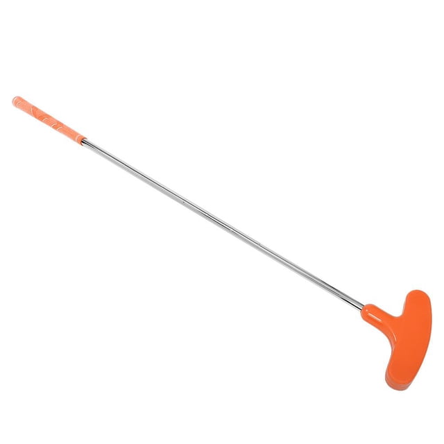 LYUMO 6 Colors 24inch Mini Rubber Head Golf Putters for Kids, featuring a two-way design for both right and left-handed use. The putter has a stainless steel shaft with an anti-slip grip and a rubber surface head, shown here in orange. Ideal for indoor putt practice or 18-hole mini courses.