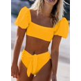 thumbnail image 2 of Womens Cute Solid Bubble Sleeves High Waisted Two Piece Bikini Swimsuit,Yellow,L, 2 of 4