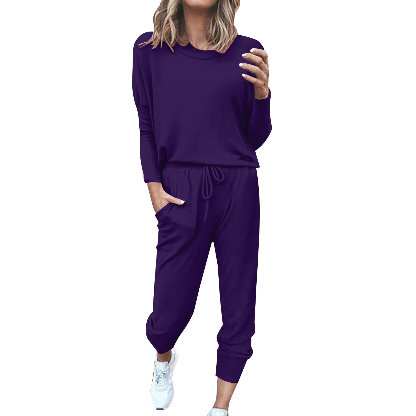 GZWYHT Sets for Women Long Sleeve Sets for Women Women Solid Color Long Sleeve Loose Long Pants 2 Set Lounge Sets for Women Track Suits for Women Set Purple XXL