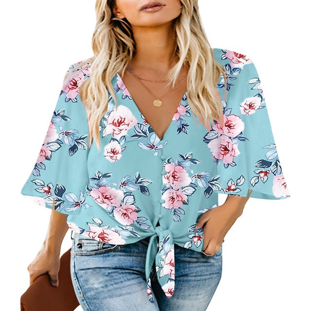 CHUANK Women‘s Button Down V Neck Tops Ruffled 3/4 Sleeve Tie Knot Front Blouses White Sizes S-2XL