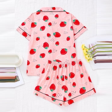 Women’s Strawberry Print Pajama Set – Short Sleeve Button Front Shirt & Shorts Loungewear Petite Pajamas Mommy and Valentine Pajamas Shorty Pajamas Women Pajamas Short Set Women Comfy Womens