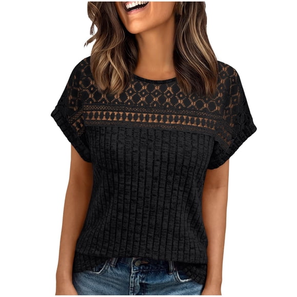BLVB Women's Tops Casual Crewneck Short Sleeve Ribbed Knit Hollow out Shirts Loose Summer Fashion Tunic Tops Blouses
