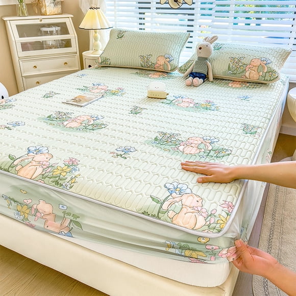 Cool Silk Mattress Cover Bed Sheet Cute Rabbit Print Breathable Ice Silk Bedding for Summer Washable Air Conditioner Bed Cover