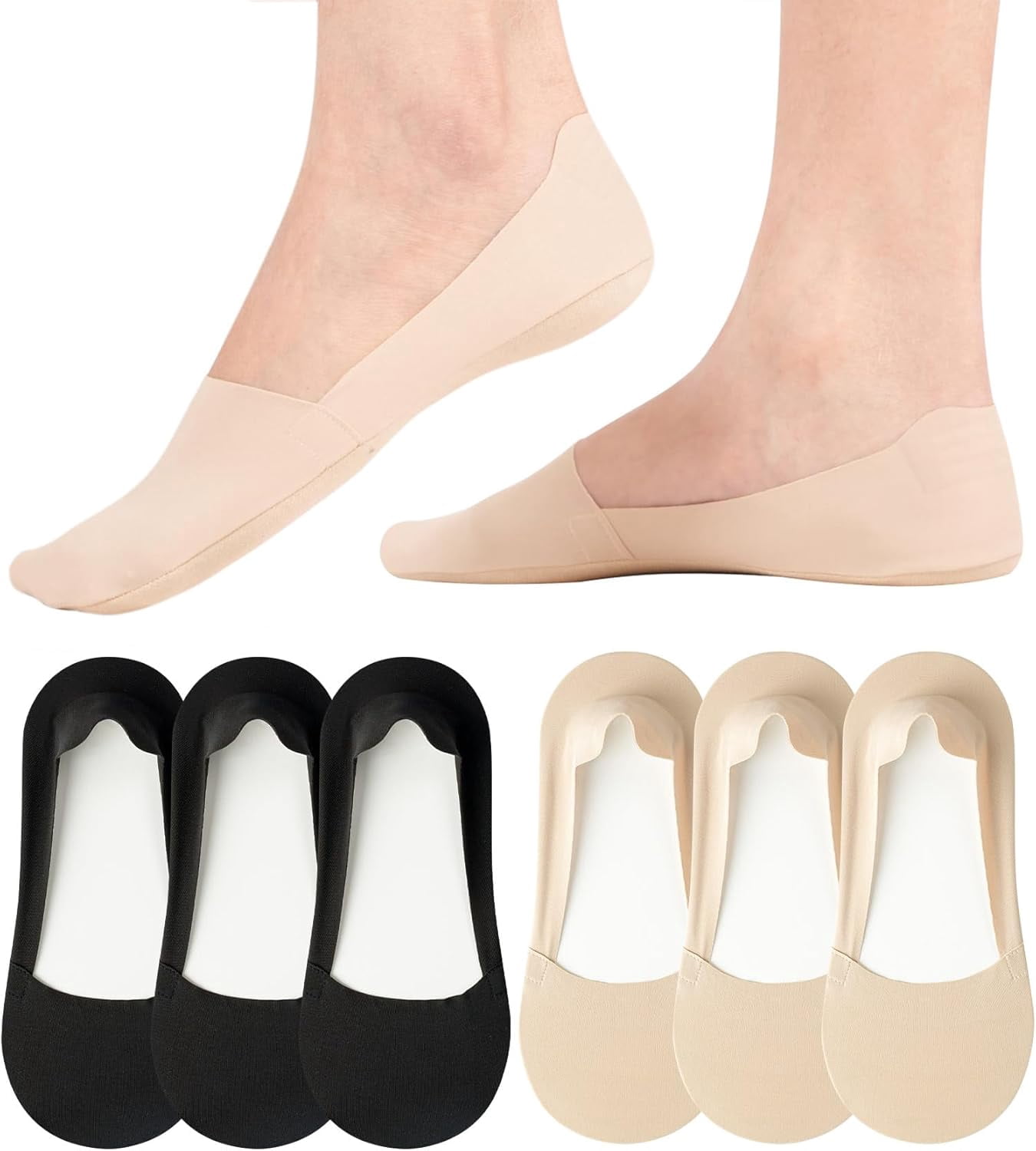 6 Pairs No Show Socks Womens Nylon Non Slip Low Cut Invisible Liner Footies Thin Silk Socks for Flats Loafers Lightweight