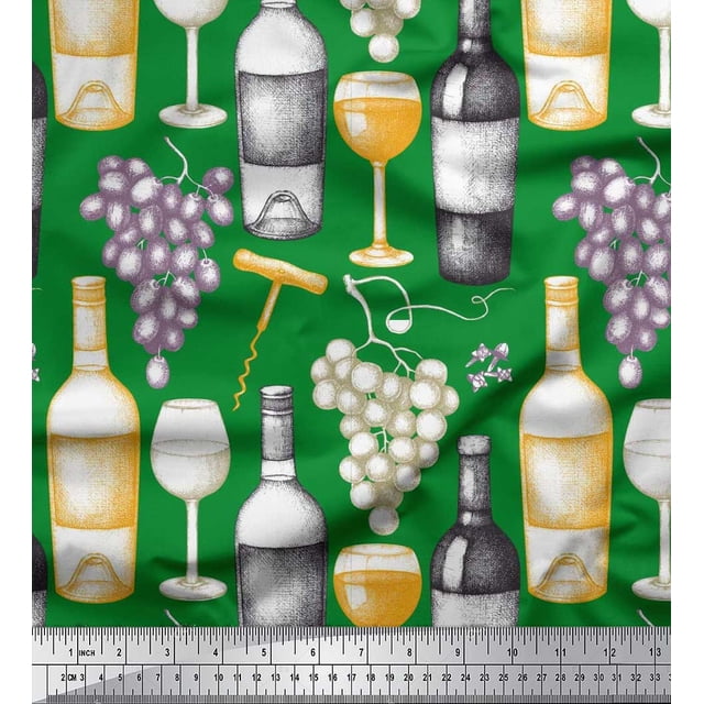 Soimoi Poly Georgette Fabric Grapes,Wine Glass & Bottle Printed Fabric 1 Yard 52 Inch Wide