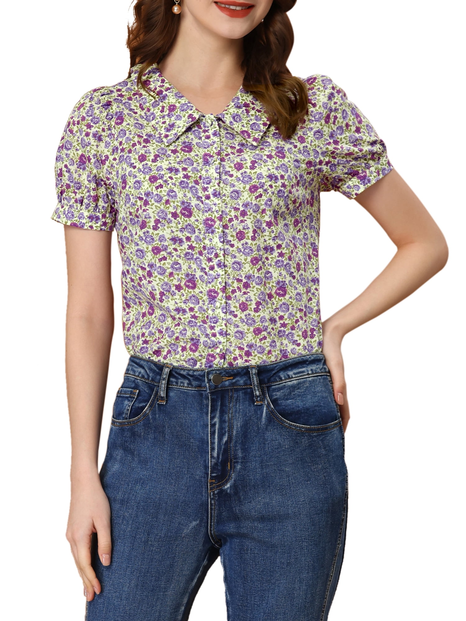 INSPIRE CHIC Blouse Boutonnée pour Femme à Manches Courtes Bouffantes Col Rabattu Haut en Coton à Motif Floral TG Violet