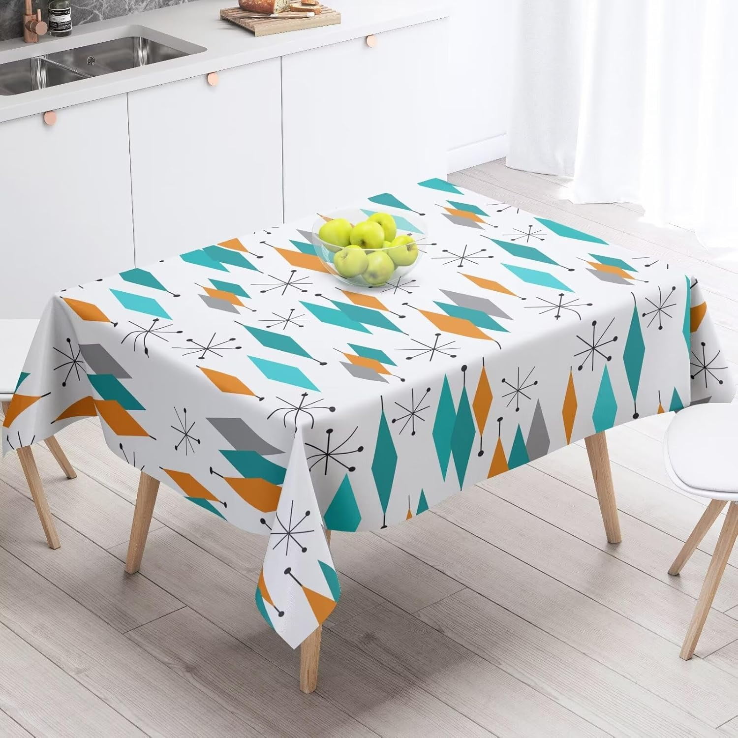 Mid Century Rectangle Tablecloth Modern Geometric Teal Diamond Table Cloth Washable Polyester Fabric Table Cover for Dining Room Kitchen Patio Home Decorations 60""x120""
