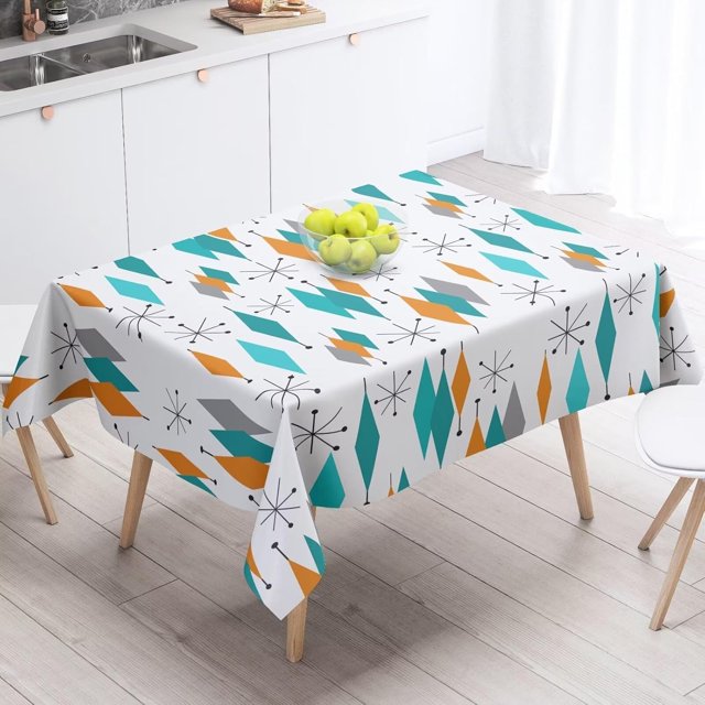 Mid Century Rectangle Tablecloth Modern Geometric Teal Diamond Table Cloth Washable Polyester Fabric Table Cover for Dining Room Kitchen Patio Home Decorations 60""x120""