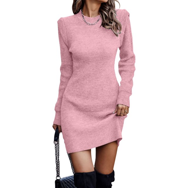Innerwin Robe Chandail Col Rond Chandail pour Femmes Chandail d'Hiver Manches Longues Élégante Mini Robes Rose TG