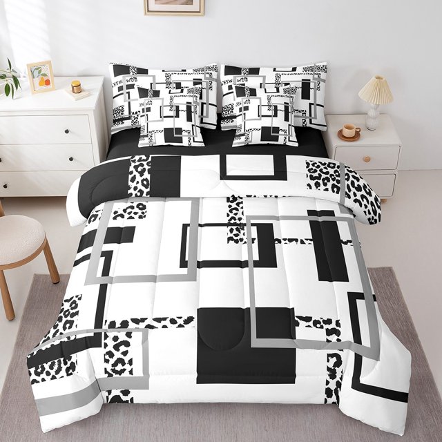 YST Ensemble de Douillette 7 Pcs à Rayures Léopard pour Garçons Filles, Ensembles de Literie Noir Gris Simple, Lit en Sac Géométrique, Ensembles de Lit Modernes Abstraits Réversibles avec Drap Plat et Drap-Housse, Couvre-Oreillers